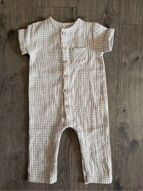 Quincy Mae Beige & White Gingham Short-Sleeve One-Piece